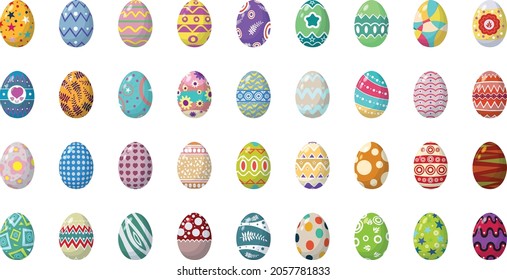 A collection of Easter eggs with different patterns, ornaments and stickers. Flat style icons for Easter celebration.