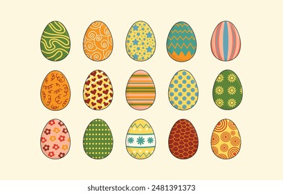 Collection of Easter eggs with different spring, botanical, floral, cute patterns. Easter eggs. Trendy funky retro groovy style.