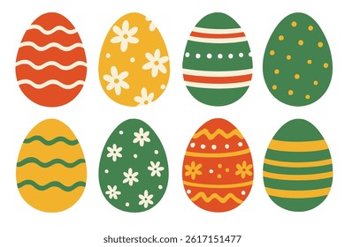 A collection of Easter eggs featuring green, red, yellow, and white patterns, presented in a vector clipart design with a flat, hand-drawn aesthetic