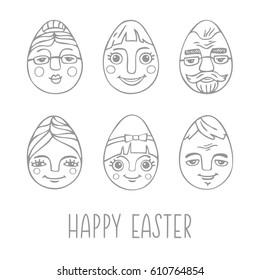 Collection of Easter eggs with hand drawn family portrait. Perfect vector design elements for decorations card, gift, holidays pattern, wrapping paper in doodle style