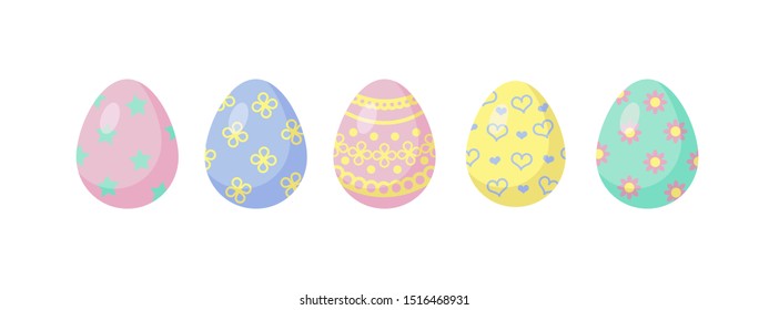 A collection of Easter eggs in pastel colors on a white background. Flat style. Vector set of eggs for design banner, greeting card.