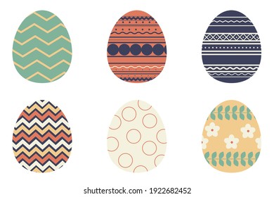 A collection of Easter eggs with various drawings. Traditional religious holiday celebration. Orthodox easter food collection. Decorated chicken eggs isolated on white background
