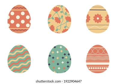 A collection of Easter eggs with various drawings. Traditional religious holiday celebration. Orthodox easter food collection. Decorated chicken eggs isolated on white background