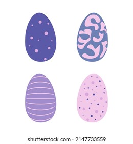 Collection of Easter eggs with various drawings. Religious holiday celebration. Orthodox easter food collection. Decorated chicken eggs isolated on white background