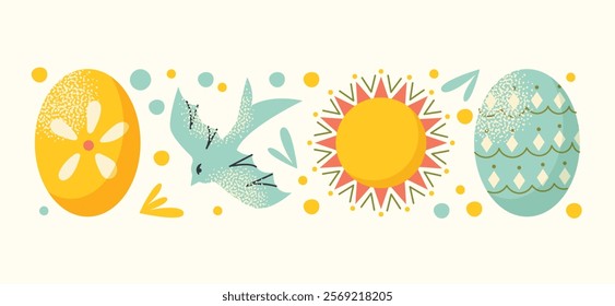 Collection of Easter elements bunny costume, decorative eggs, spring flowers, candles, carrots, and gift basket isolated on a light background. Vector illustration. Easter celebration concept