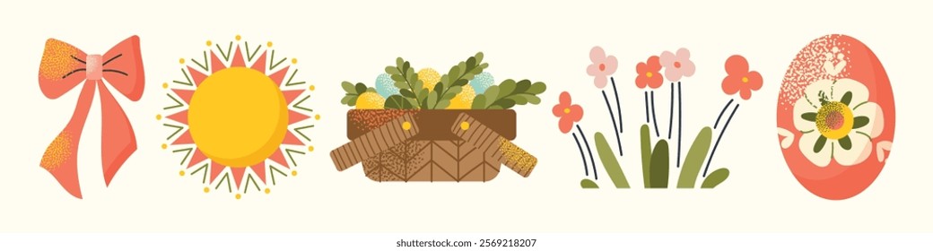 Collection of Easter elements bunny costume, decorative eggs, spring flowers, candles, carrots, and gift basket isolated on a light background. Vector illustration. Easter celebration concept