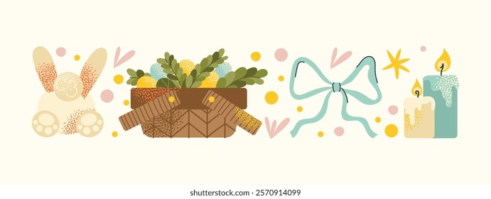 Collection of Easter elements bunny costume, decorative eggs, spring flowers, candles, carrots, and gift basket isolated on a light background. Vector illustration. Easter celebration concept