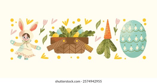 Collection of Easter elements bunny costume, decorative eggs, spring flowers, candles, carrots, and gift basket isolated on a light background. Vector illustration. Easter celebration concept