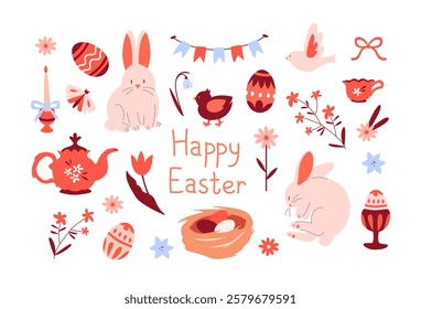 Collection of Easter elements, clipart. Rabbits, eggs, flowers, candles, holiday flags, teapot, nest.