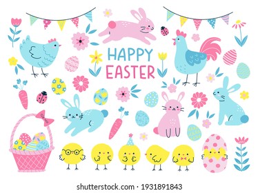 Collection of Easter elements including cute bunnies, chickens, hen, rooster, eggs and flowers. Vector illustration for celebration of Easter holiday in trendy cartoon style. Elements are isolated.