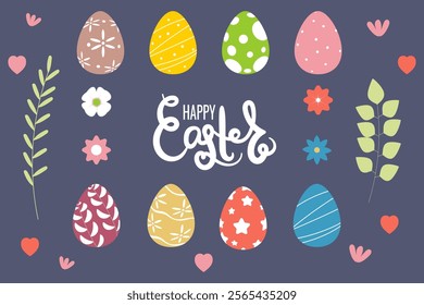 Collection of easter elements on isolated background.Easter eggs, flowers, branches, lettering happy easter.Vector spring elements set.