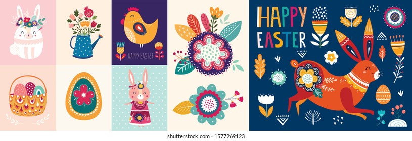 Collection of Easter floral cards. Cute Bunny	
