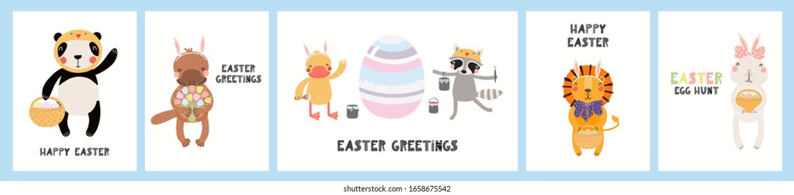 Colección de tarjetas de felicitación de Pascua con lindos animales, huevos, flores, texto.  Ilustración vectorial dibujada a mano. Diseño plano de estilo escandinavo. Concepto de impresión de vacaciones para niños, invitación, etiqueta de regalo, banner