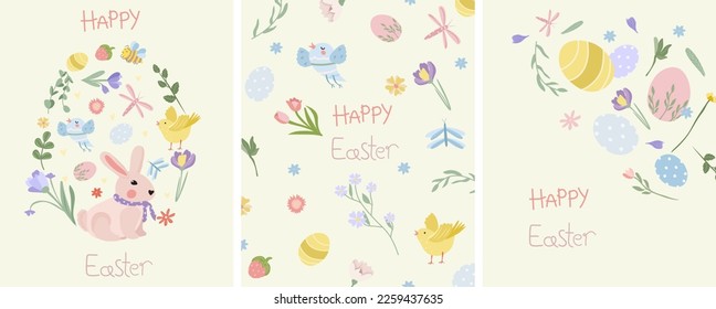 A collection of Easter greeting cards, a cute rabbit, a singing bird, a chicken, bright spring flowers, etc. Spring flowering. Ideal for banners, cards, posters, stickers. Vector illustration.