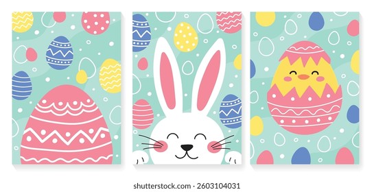 Collection of Easter greeting cards. Invitations with cute cartoon bunny, eggs and chicks. Vector illustration