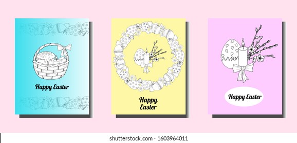 Collection of Easter greeting cards on pastel background: pink, blue and yellow. Art design, white elements, modern style, hand drawing.