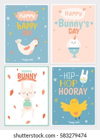 Collection of Easter greeting cards template in vector. Holiday spring and summer posters with bunny, eggs, chicks and other Easter elements. Isolated. Cute illustration and typography