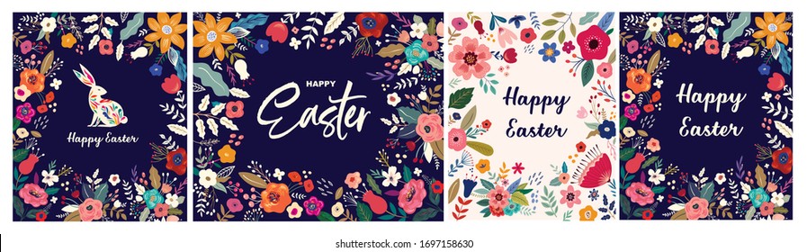 Collection of Easter greeting illustrations with colorful spring flowers. Happy Easter template, invitation	