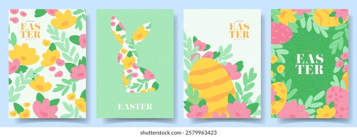 Collection of Easter holiday cards. Happy Easter vector illustration with Easter eggs, spring plants, banny. Set of holiday posters for design of party, celebration, ad, branding, cover, sale, flyer.