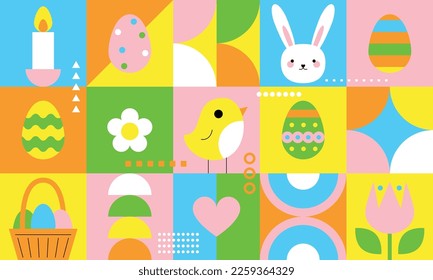 Collection of Easter holiday icons. Modern abstract style. Perfect for poster, social media, flyer. Geometric minimalistic pattern at bauhaus style with simple shapes, egg, bird, rabbit, flower