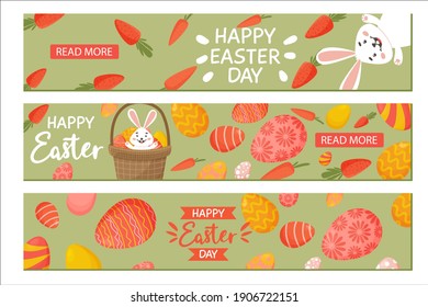 Colección de carteles horizontales de Pascua con huevos decorados de colores, conejos, zanahorias, canasta con huevos. Diseño de cabecera. Ilustración vectorial.