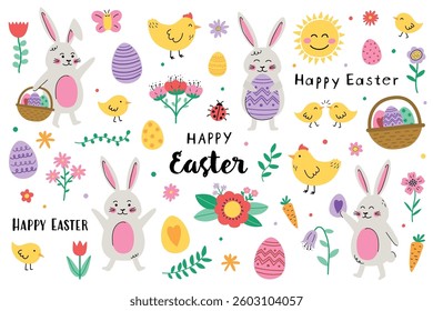 Collection of Easter icons: bunny, chick, egg and flowers. Cute cartoon style elements. Vector illustration
