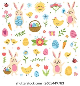 Collection of Easter icons: bunny, chick, egg and flowers. Cute cartoon style elements. Vector illustration