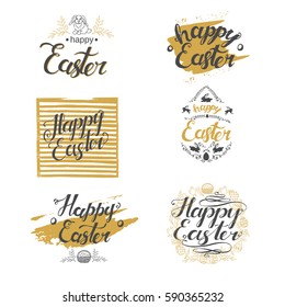 Collection of Easter lettering. Hand made calligraphy. Watercolor brush stroke. Vector design. Golden color