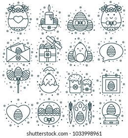 Collection of Easter line icons: decorated eggs, calendar, chicken, gift, basket, message box and letter envelope. Spring christian holiday signs, symbols, objects, pictograms in thin linear style.