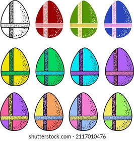 Eine Sammlung von Ostereiern mit mehrfarbigen Bändern. Vektorgrafik einzeln auf transparentem Hintergrund. Design-Elemente für Postkarten, Aufkleber, Dekoration