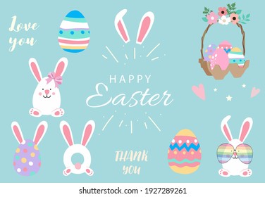 Collection of easter object set with rabbit,egg,flower.Editable vector illustration for website, invitation,postcard and sticker