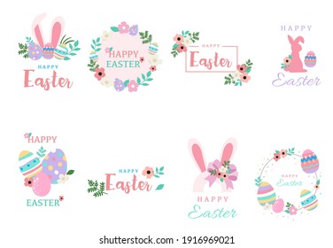 Colección de objetos de Pascua con conejo, huevo, flor, guirnalda.Ilustración vectorial editable para sitio web, invitación, postal y pegatina