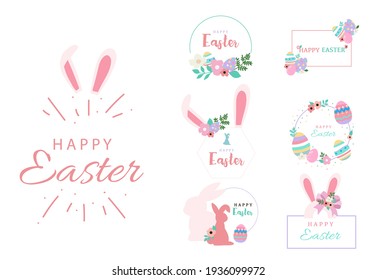 Collection of easter object set with rabbit,egg,flower,wreath.Editable vector illustration for website, invitation,postcard and sticker