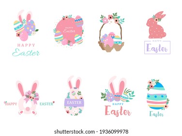 Collection of easter object set with rabbit,egg,flower,wreath.Editable vector illustration for website, invitation,postcard and sticker
