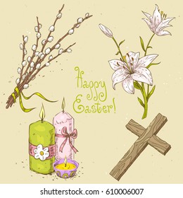 Collection Of Easter Objects, Linear Sketches. Easter Candles, Branch Of Willow, Easter Cross, Easter Lilly Flower. Hand Drawn Vintage Vector Illustration On Textured Paper Background. Retro Style.