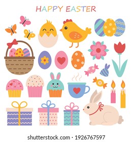 Collection of Easter objects. Set of spring colorful items. Flat vector illustration in cartoon style. 