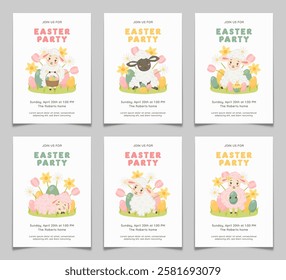 Collection of Easter party invitation postcards. Cute lambs with white and pink wool, colorful eggs, spring flowers. Holiday greeting cards with hand drawn farm sheep animals. Vector illustration.