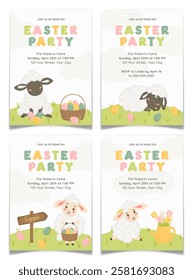 Collection of Easter party invitation postcards with cute lambs, colorful eggs, spring flowers. Holiday celebration greeting cards. Hand drawn farm sheep animals. Egg hunt event. Vector illustration.