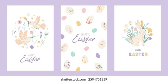 Collection Easter posters with bunny, bird, eggs and spring flowers. Set holiday covers, posters, banners, greeting cards with lettering. Vector illustration