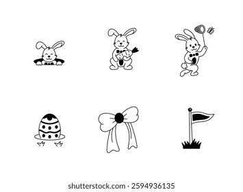 Collection of Easter Rabbits with Painted Eggs, Carrot, Butterfly Illustration
