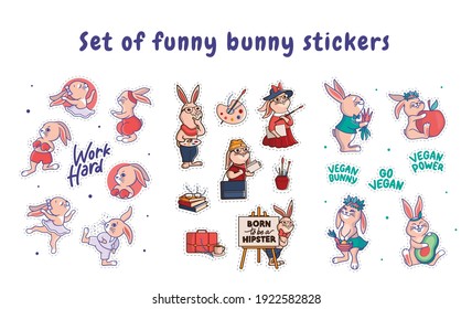 Collection of Easter rabbits is a vector illustrations. Cartoonish bunnies with lettering phrases is good for stickers, holiday designs. 