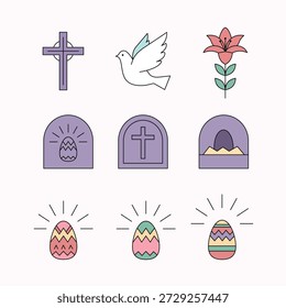 Una colección de Pascua e íconos religiosos con cruces, palomas, huevos y arcos.