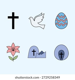 Eine Sammlung von Oster- und religiösen Symbolen, darunter Kreuz, Taube, Ei und Blume.