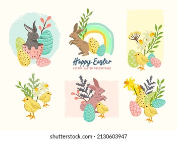 A collection of easter and spring illustration designs with rabbits, eggs and floral decorations. Vector