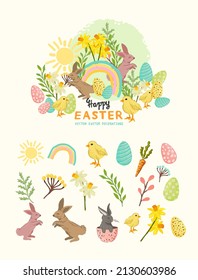 A collection of easter and spring illustration designs with rabbits, eggs and floral decorations. Vector collections