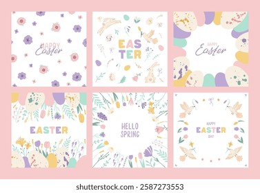 Collection Easter square posters with bunny, bird, eggs and spring flowers. Set holiday covers, posters, banners, greeting cards with lettering. Vector illustration