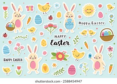 Collection of Easter stickers: bunny, chick, egg and flowers. Cute cartoon style elements. Vector illustration