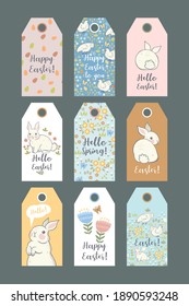 Collection of Easter tags with rabbits and chickens. Vector graphics.