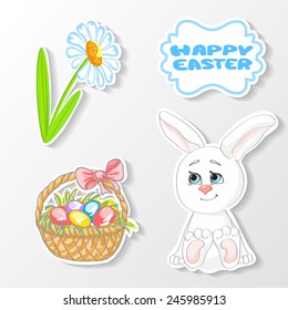 Collection of Easter theme stickers with Basket of Easter Eggs, Flowers and Happy Easter text. Greeting card. Suitable for various designs, invitation and scrapbook. Vector illustration. EPS 10