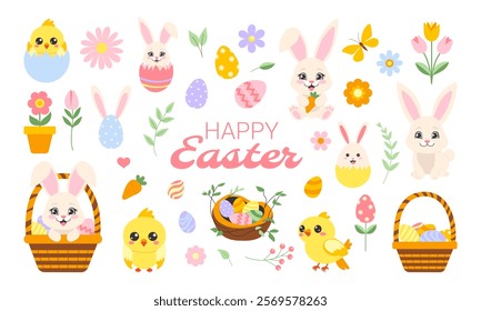 A collection of Easter themed cartoon characters including rabbits, birds, and flowers. The image is titled "Happy Easter" and features a basket of eggs